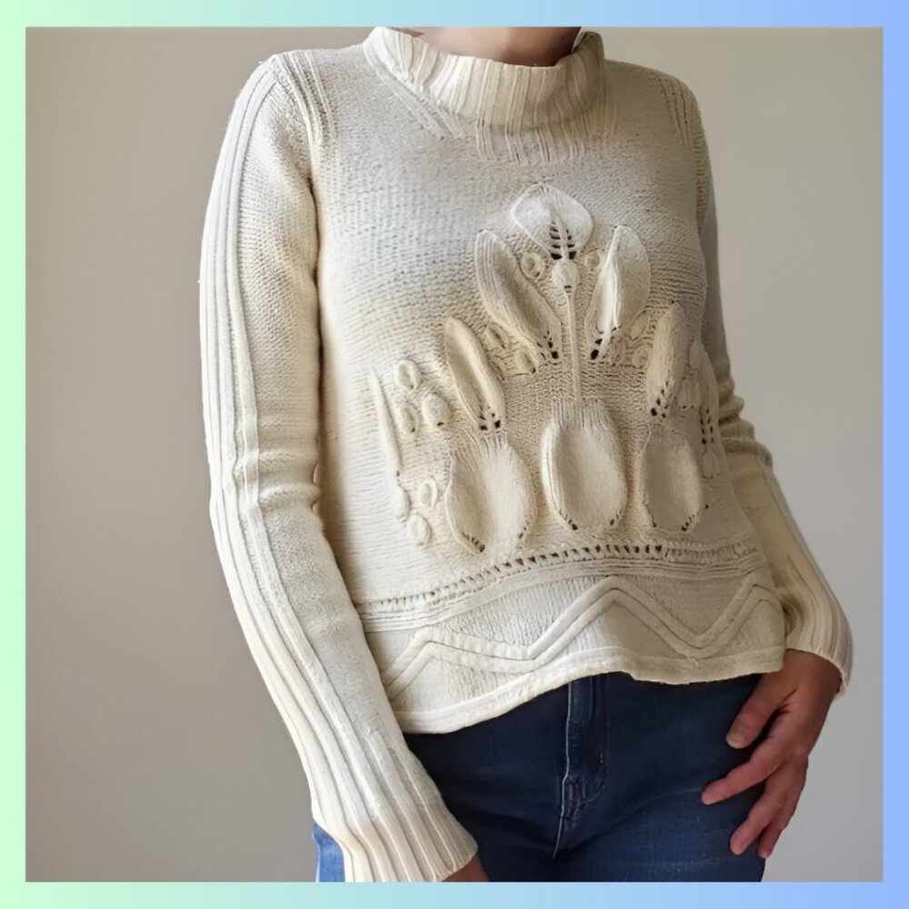 Anthropologie Rosie Neira Wool Cream Cloud Leaf Knit Sweater (size S)